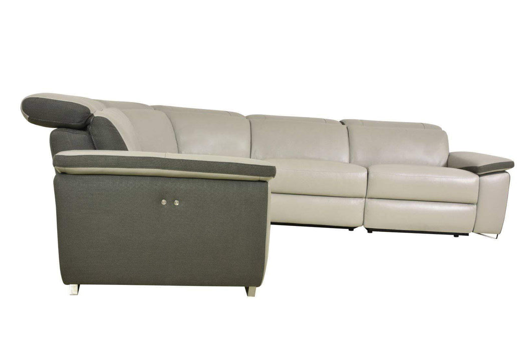 Aura Power Reclining Corner Sectional in Gray Top Grain Leather and Linen-Wholesale Furniture Brokers