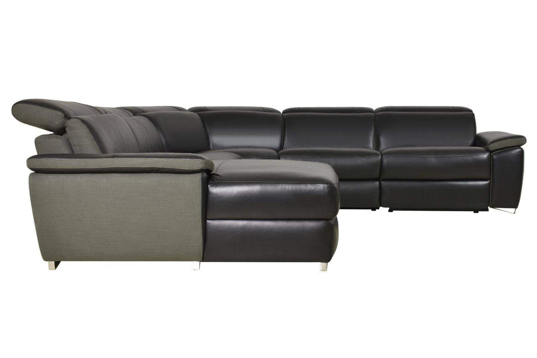 Aura Reclining Corner Sectional with RAF Chaise in Top Grain Black Leather and Linen-Wholesale Furniture Brokers