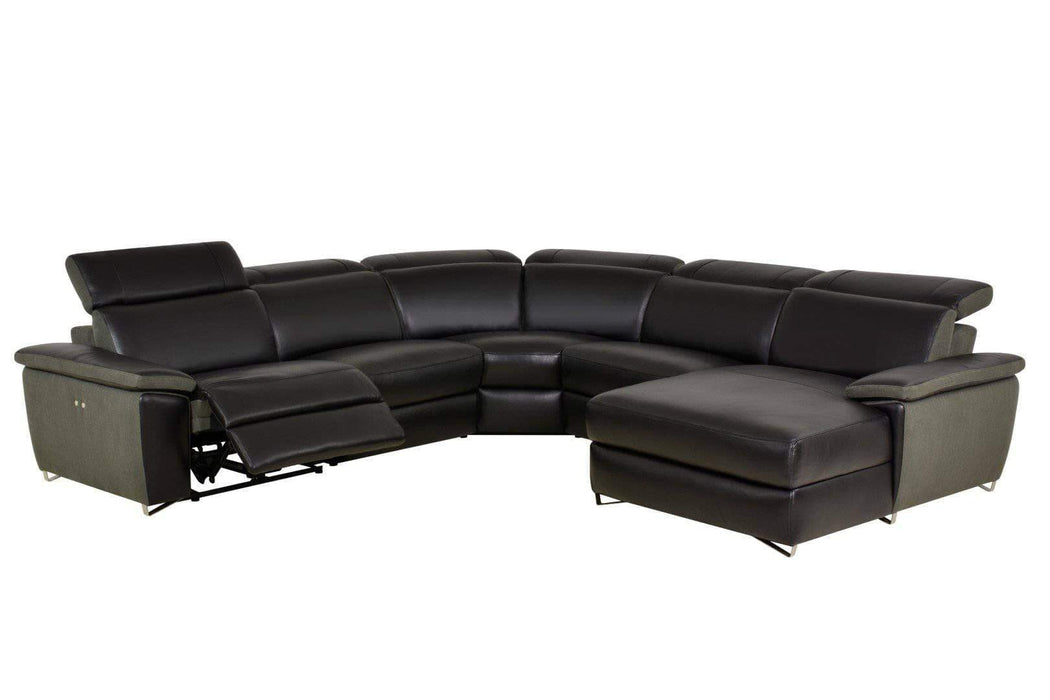 Aura Reclining Corner Sectional with RAF Chaise in Top Grain Black Leather and Linen-Wholesale Furniture Brokers