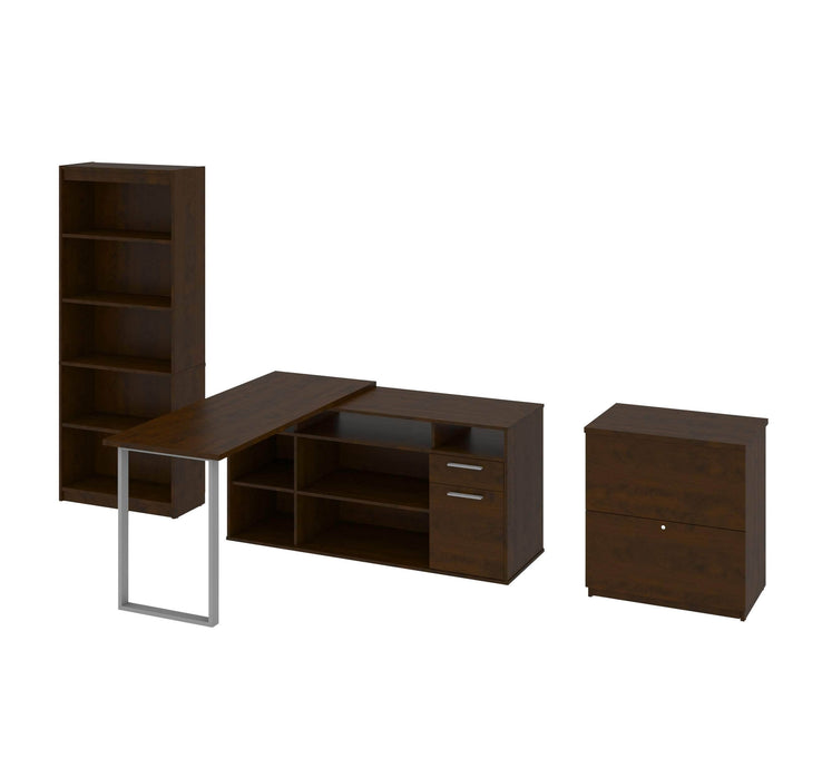 Modubox Desk Chocolate Solay 3-Piece Set Including an L-Shaped Desk, a Lateral File Cabinet, and a Bookcase - Available in 3 Colors