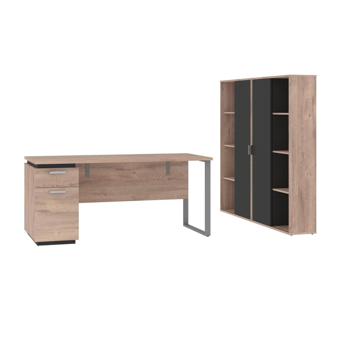 Bestar Accessories Rustic Brown & Graphite Aquarius 3-Piece Set Including a Desk with Single Pedestal and 2 Storage Units with 8 Cubbies - Available in 4 Colors