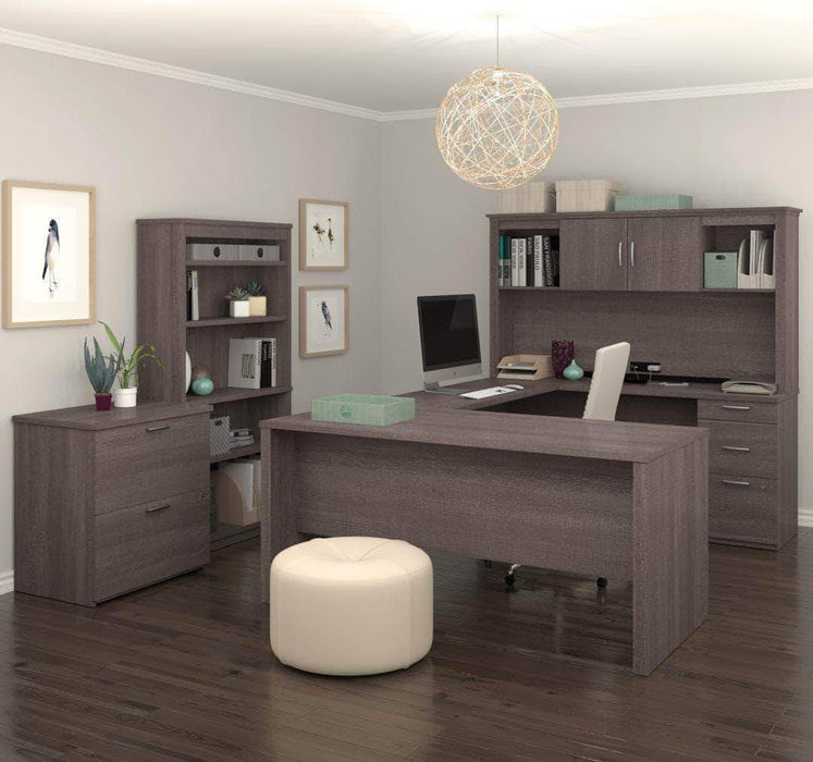 Bestar Bark Gray Logan U-Shaped Desk with Hutch, Lateral File Cabinet, and Bookcase - Available in 3 Colors