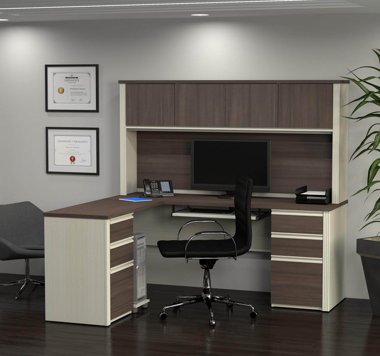 Bestar L-Desk Prestige + Modern L-Shaped Office Desk with Two Pedestals and Hutch - Available in 3 Colors
