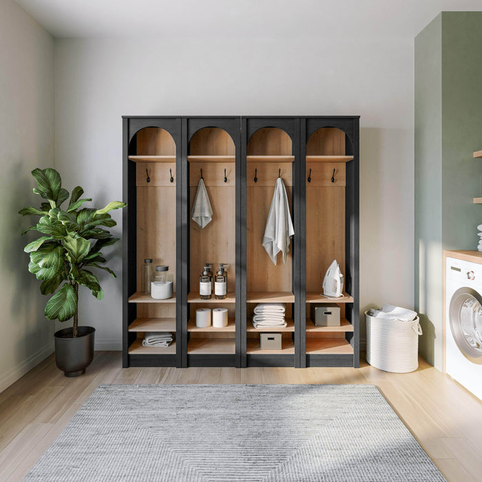 Pending - Prepac Hall Tree Ark 76" Arched Entryway Coat Rack in Black Oak