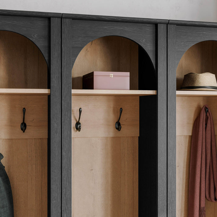 Pending - Prepac Hall Tree Ark 76" Arched Entryway Coat Rack in Black Oak