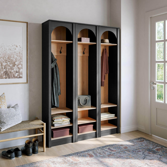 Pending - Prepac Hall Tree Ark 76" Arched Entryway Coat Rack in Black Oak