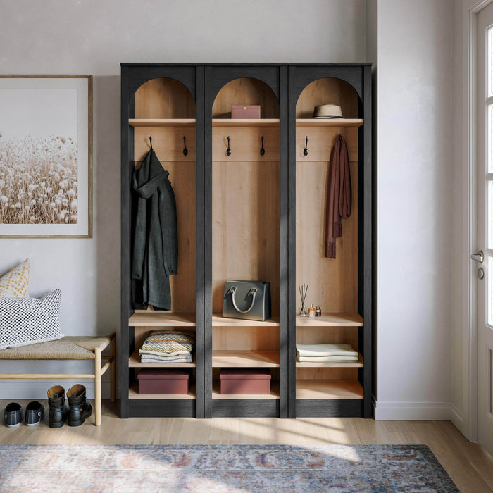 Pending - Prepac Hall Tree Ark 76" Arched Entryway Coat Rack in Black Oak