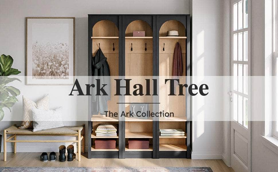 Pending - Prepac Hall Tree Ark 76" Arched Entryway Coat Rack in Black Oak