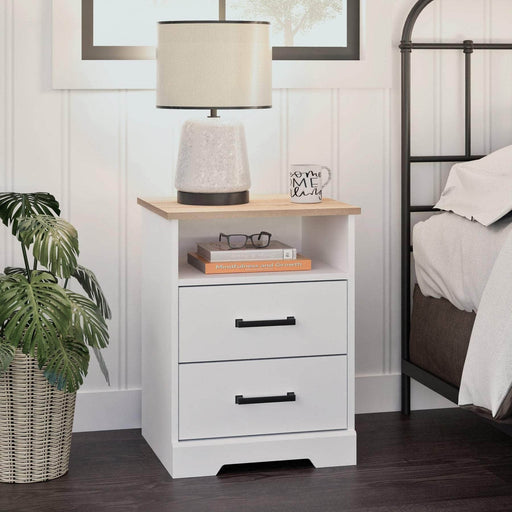 Pending - Prepac Nightstand Rustic Ridge Farmhouse 2-Drawer Nightstand in White & Natural Oak