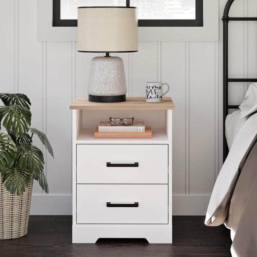 Pending - Prepac Nightstand Rustic Ridge Farmhouse 2-Drawer Nightstand in White & Natural Oak