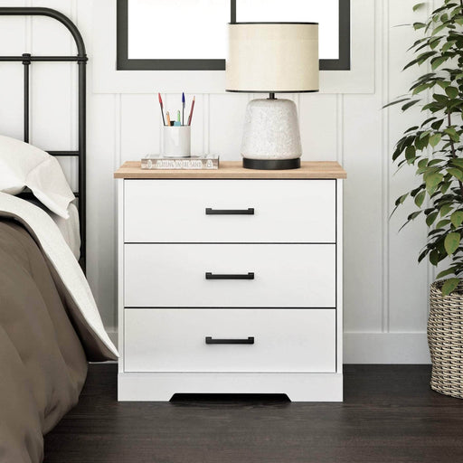 Pending - Prepac Nightstand Rustic Ridge Farmhouse 3-Drawer Nightstand in White & Natural Oak