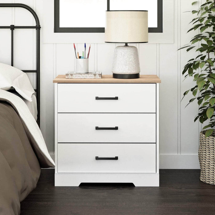 Pending - Prepac Nightstand Rustic Ridge Farmhouse 3-Drawer Nightstand in White & Natural Oak