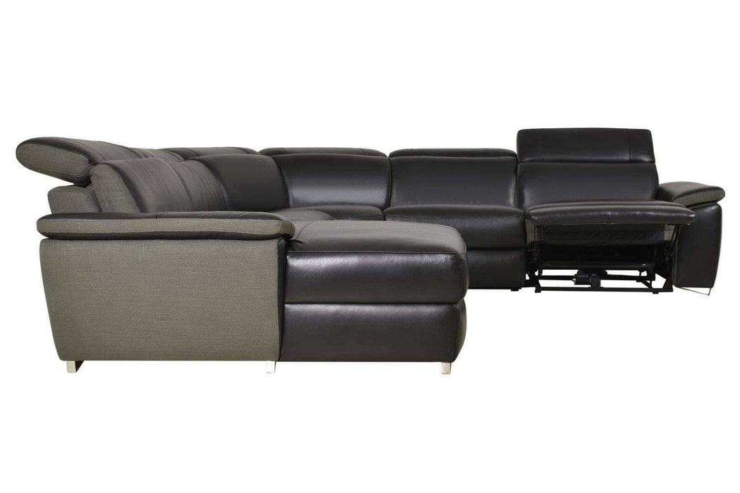 Aura Reclining Corner Sectional with LAF Chaise in Top Grain Black Leather and Linen-Wholesale Furniture Brokers