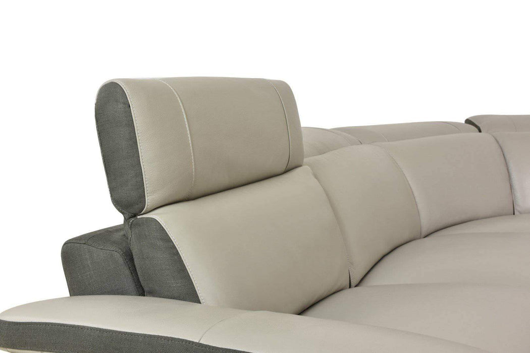 Aura Reclining Corner Sectional with RAF Chaise in Top Grain Gray Leather and Linen-Wholesale Furniture Brokers