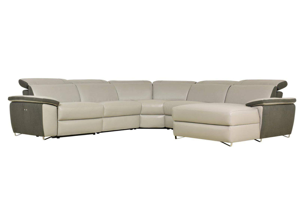 Aura Reclining Corner Sectional with RAF Chaise in Top Grain Gray Leather and Linen-Wholesale Furniture Brokers