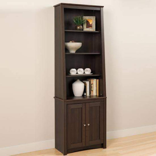 Espresso Tall Slant-Back Bookcase with 2 Shaker Doors-Wholesale Furniture Brokers