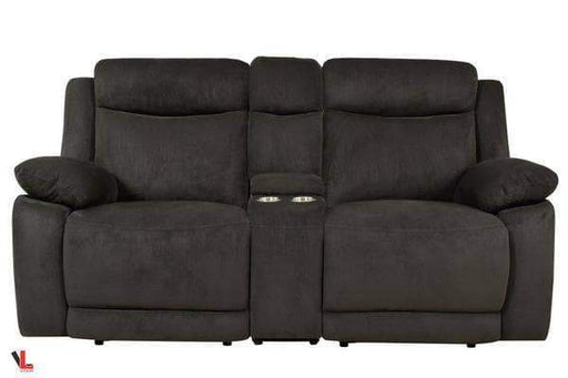 Volo Charcoal Fabric Reclining Loveseat with Console-Wholesale Furniture Brokers