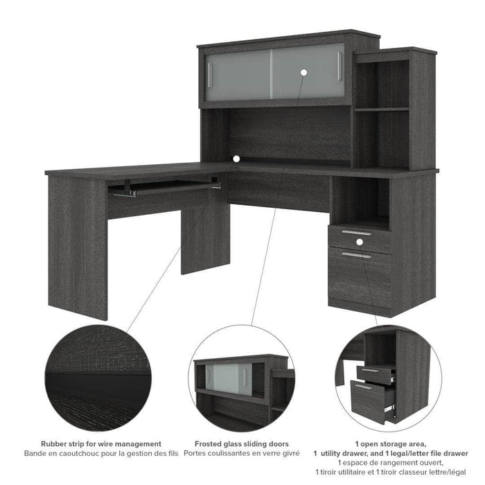 Modubox Computer Desk Bark Gray Dayton L-Shaped Desk with Pedestal and Hutch