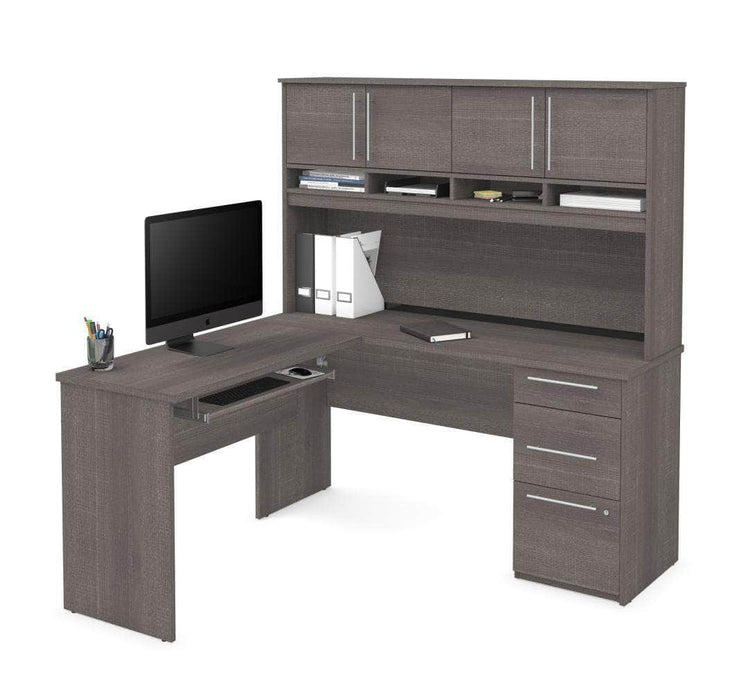 Modubox Computer Desk Bark Gray Innova L-Shaped Desk with Pedestal and Hutch