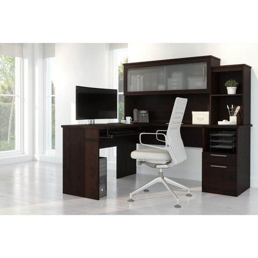 Modubox Computer Desk Chocolate Dayton L-Shaped Desk with Pedestal and Hutch - Available in 2 Colors