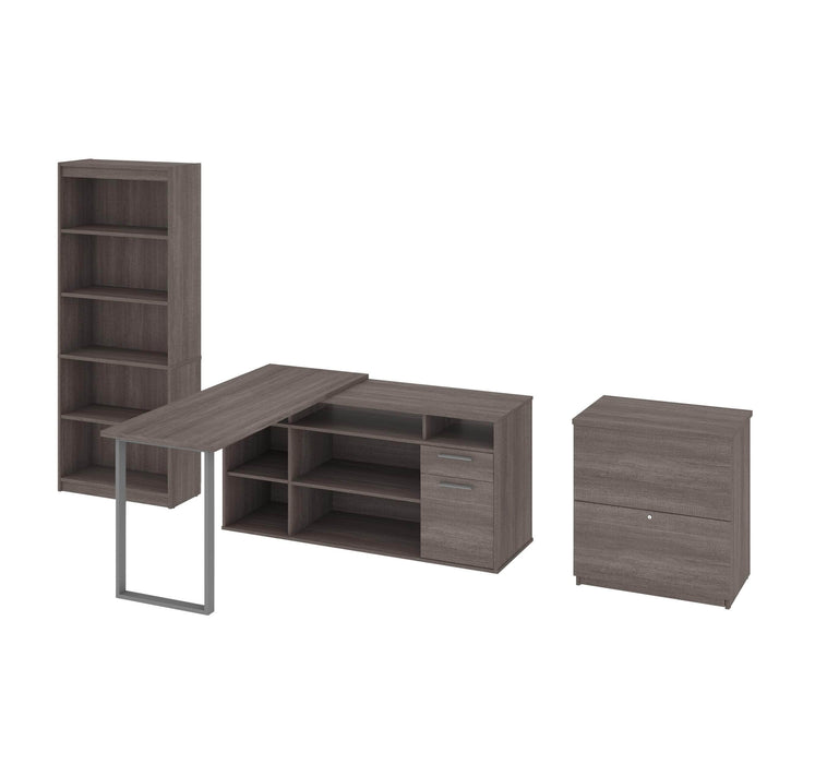 Modubox Desk Bark Gray Solay 3-Piece Set Including an L-Shaped Desk, a Lateral File Cabinet, and a Bookcase - Available in 3 Colors