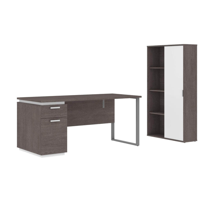 Modubox Desk Bark Gray & White Aquarius 2-Piece Set Including a Desk with Single Pedestal and a Storage Unit with 8 Cubbies - Available in 4 Colors