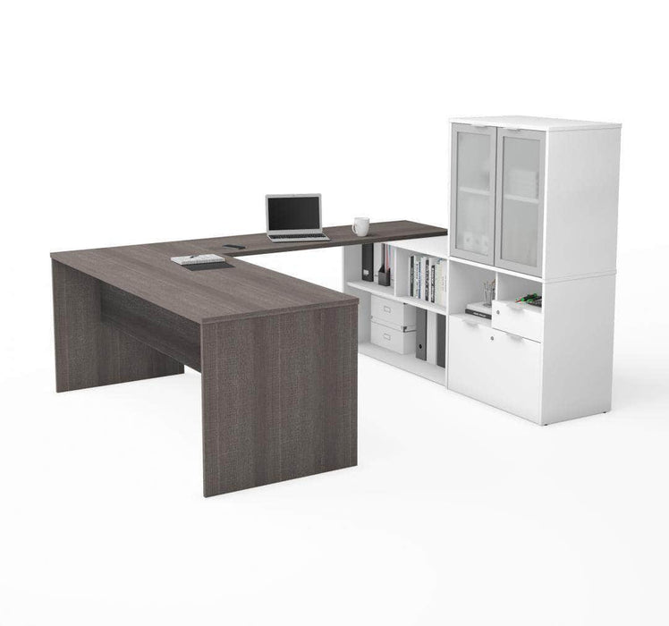 Modubox Desk Bark Gray & White i3 Plus U-shaped Desk with Frosted Glass Doors Hutch - Available in 3 Colors
