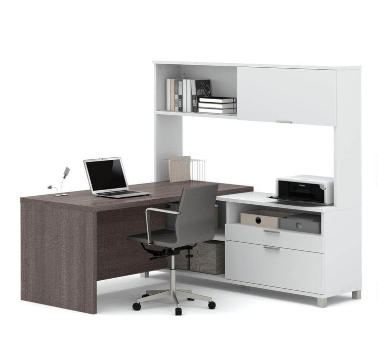 Modubox Desk Bark Gray & White Pro-Linea L-Shaped Desk with Hutch - Available in 2 Colors