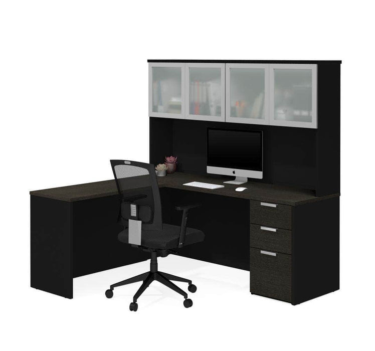Modubox Desk Deep Gray & Black Pro-Concept Plus L-Shaped Desk with Pedestal and Frosted Glass Door Hutch - Available in 2 Colors