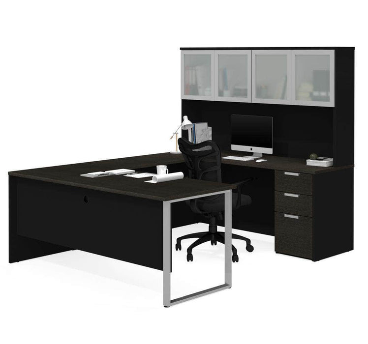 Modubox Desk Deep Gray & Black Pro-Concept Plus U-Shaped Desk with Pedestal and Frosted Glass Door Hutch - Available in 2 Colors