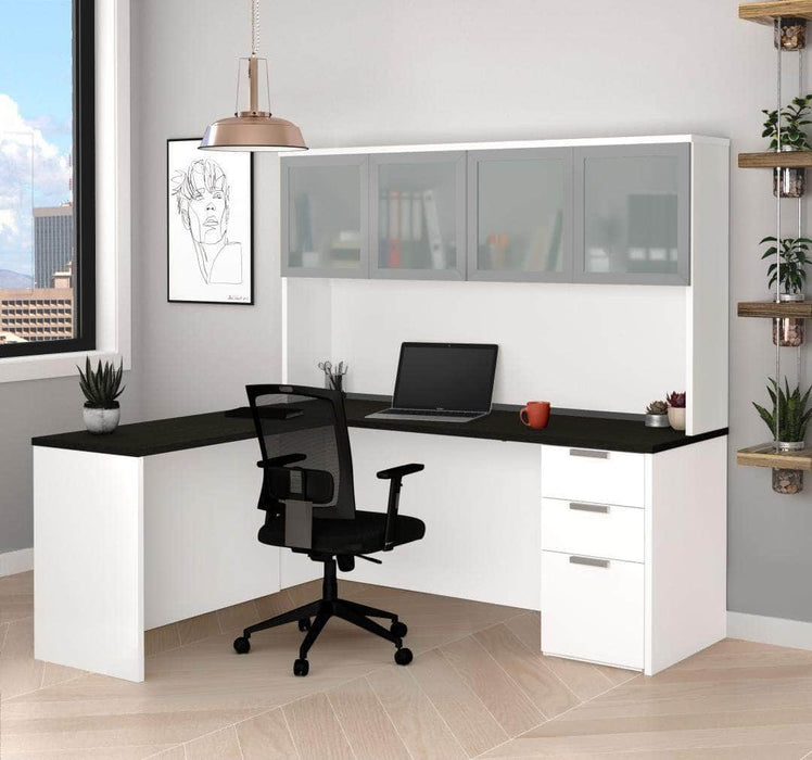 Modubox Desk Pro-Concept Plus L-Shaped Desk with Pedestal and Frosted Glass Door Hutch - Available in 2 Colors