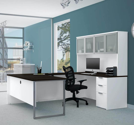 Modubox Desk Pro-Concept Plus U-Shaped Desk with Pedestal and Frosted Glass Door Hutch - Available in 2 Colors