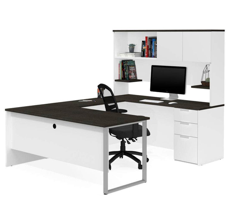 Modubox Desk Pro-Concept Plus U-Shaped Desk with Pedestal and Hutch - Deep Gray & Black