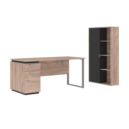 Modubox Desk Rustic Brown & Graphite Aquarius 2-Piece Set Including a Desk with Single Pedestal and a Storage Unit with 8 Cubbies - Available in 4 Colors