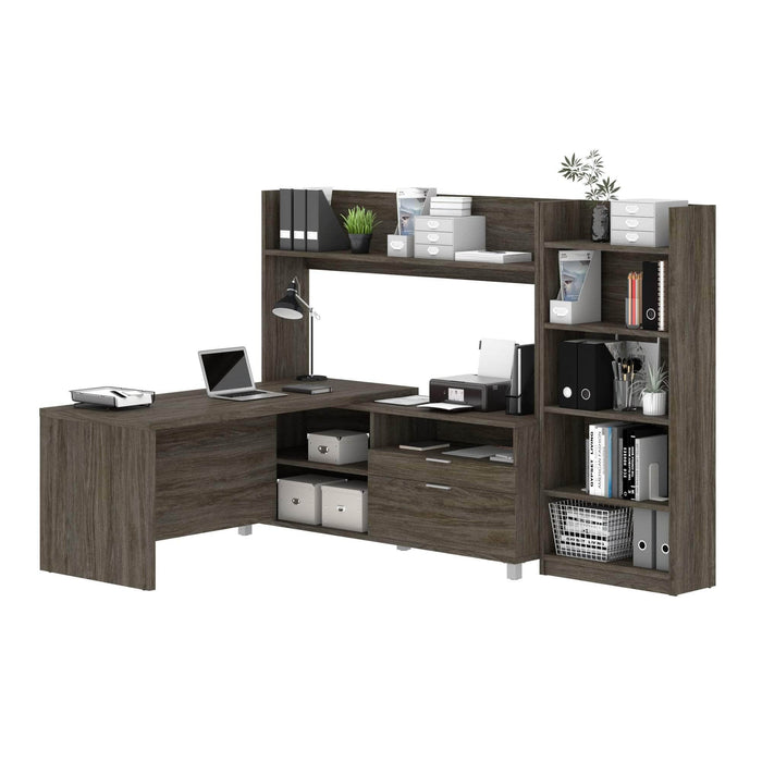 Modubox Desk Walnut Gray Pro-Linea 2-Piece Set Including an L-Shaped Desk with Hutch and a Bookcase - Available in 2 Colors