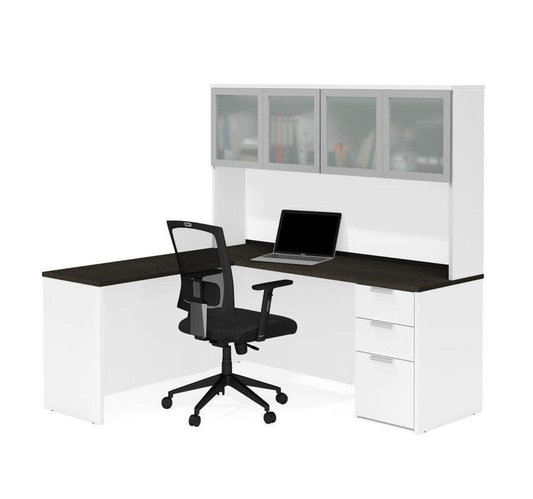 Modubox Desk White & Deep Gray Pro-Concept Plus L-Shaped Desk with Pedestal and Frosted Glass Door Hutch - Available in 2 Colors