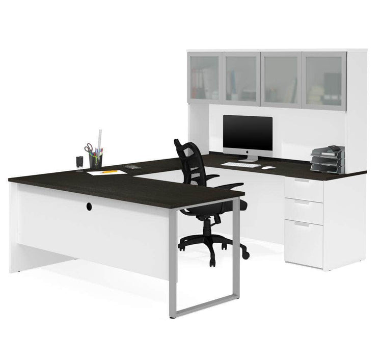 Modubox Desk White & Deep Gray Pro-Concept Plus U-Shaped Desk with Pedestal and Frosted Glass Door Hutch - Available in 2 Colors