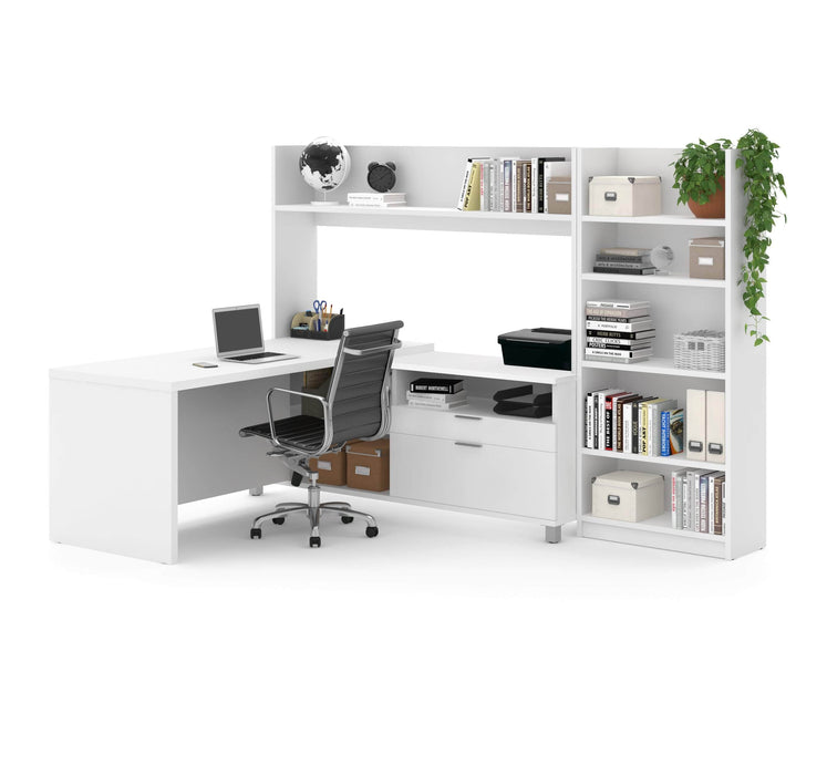 Modubox Desk White Pro-Linea 2-Piece Set Including an L-Shaped Desk with Hutch and a Bookcase - Available in 2 Colors
