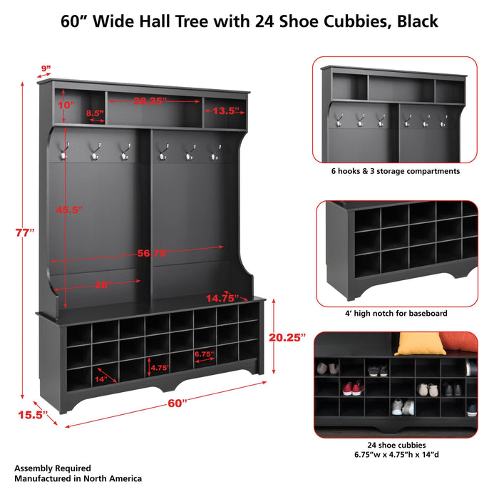 Modubox Entryway 60" Wide Hall Tree with 24 Shoe Cubbies - Available in 4 Colors