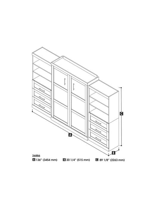 Modubox Murphy Wall Bed Pur Queen Murphy Wall Bed and 2 Storage Units with Drawers (136”) - Available in 2 Colors