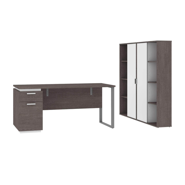 Bestar Accessories Bark Gray & White Aquarius 3-Piece Set Including a Desk with Single Pedestal and 2 Storage Units with 8 Cubbies - Available in 4 Colors