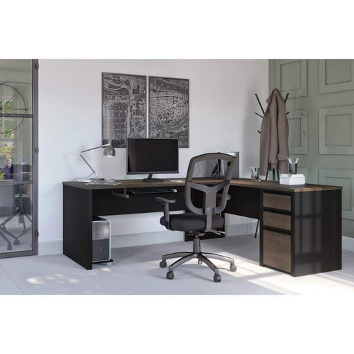 Bestar Antigua & Black Connexion L-Shaped Desk with Pedestal - Available in 3 Colors