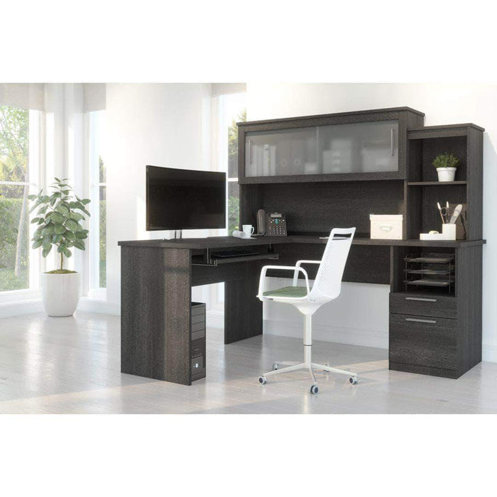 Bestar Bark Gray Dayton L-Shaped Desk with Pedestal and Hutch - Available in 2 Colors