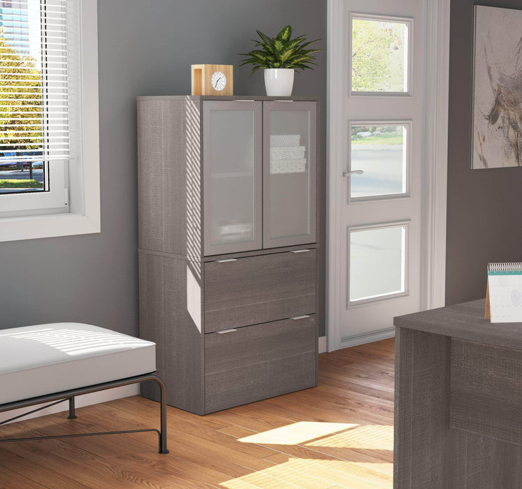 i3 Plus Lateral File Cabinet with Frosted Glass Doors Hutch - Bark Gray
