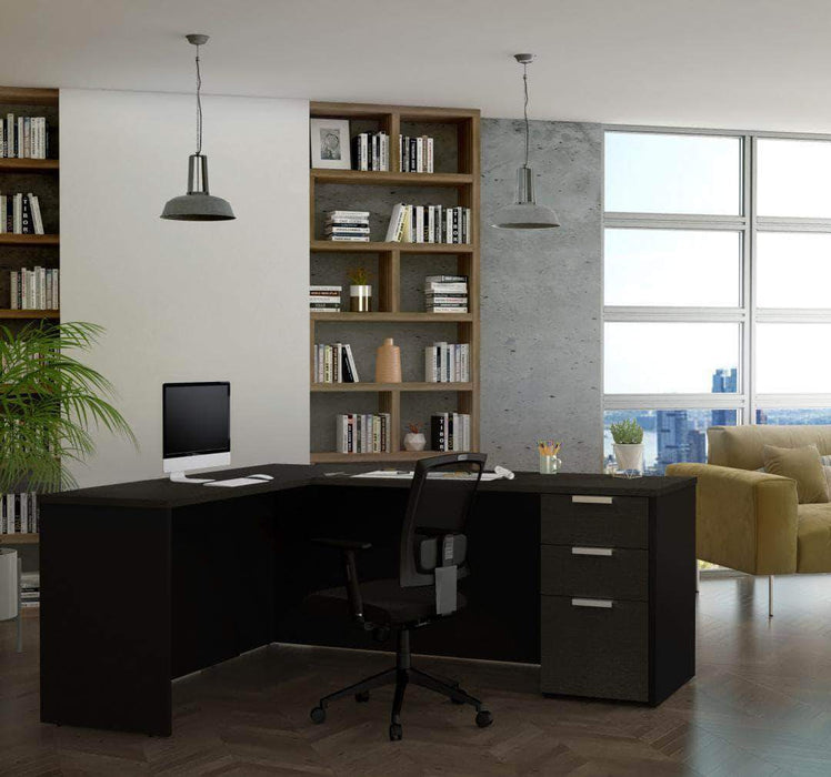 Bestar Deep Gray & Black L-Shaped Desk with Pedestal - Available in 2 Colors