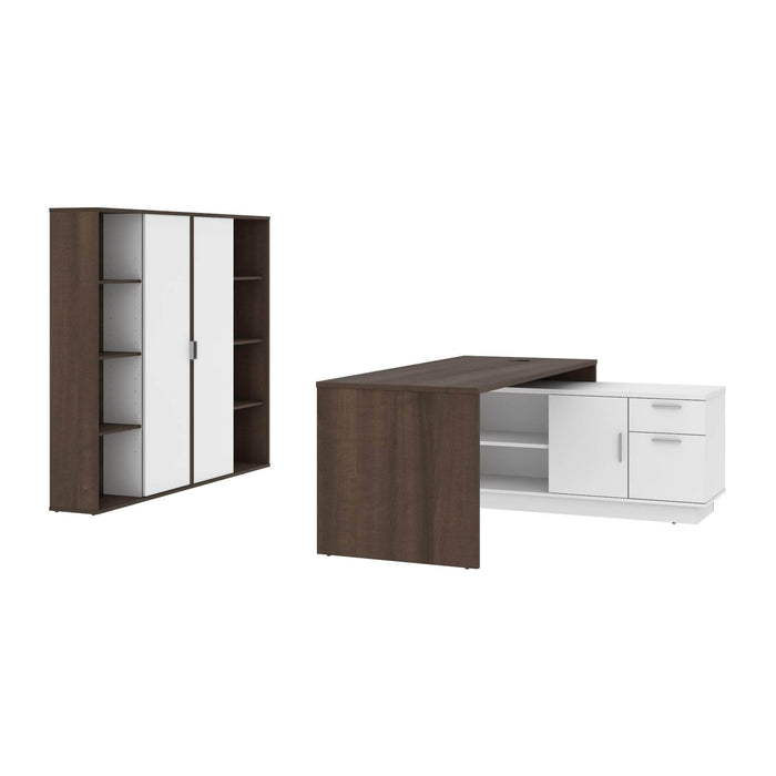 Bestar Desk Sets Antigua & White Equinox 3-Piece Set Including 1 L-Shaped Desk and 2 Storage Units with 8 Cubbies - Available in 2 Colors