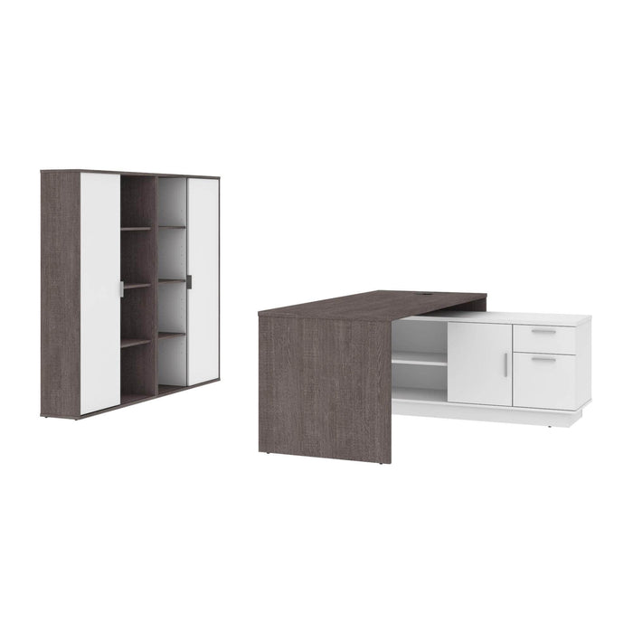 Bestar Desk Sets Bark Gray & White Equinox 3-Piece Set Including 1 L-Shaped Desk and 2 Storage Units with 8 Cubbies - Available in 2 Colors