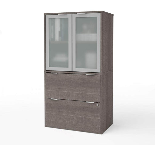 Bestar i3 Plus Lateral File Cabinet with Frosted Glass Doors Hutch - Bark Gray
