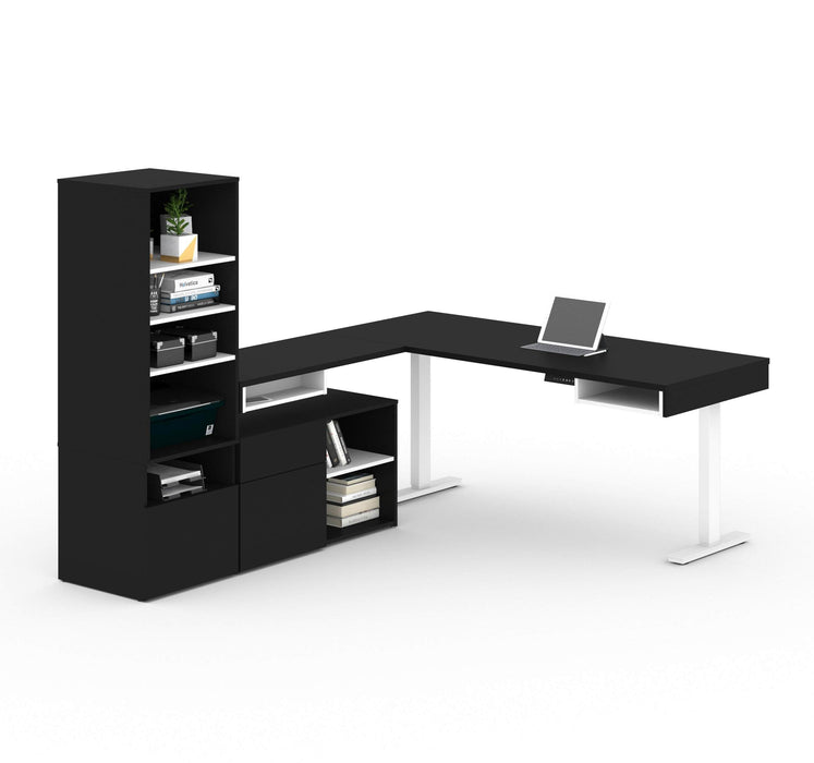 Bestar L-Desk Black Viva 3-Piece set including an L-Shaped standing desk, a credenza, and a hutch - Available in 2 Colors