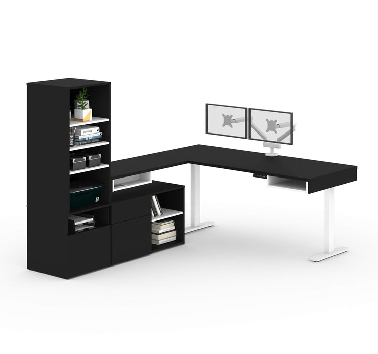 Bestar L-Desk Black Viva 4-Piece Set including an L-shaped standing desk, a storage unit, a credenza, and a dual monitor arm - Available in 2 Colors